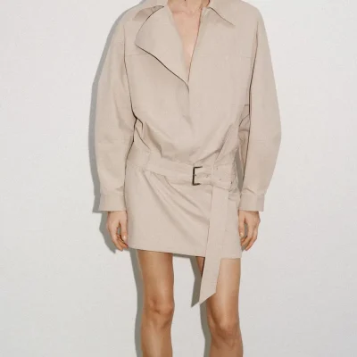 لباس کوتاه کمربنددار یقه‌دار با آستین بلند zara