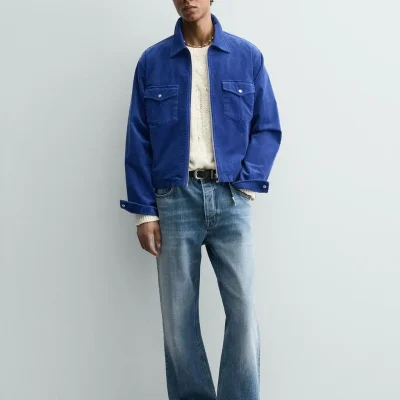 کت نخی مردانه فیت رگولار با زیپ و یقه کلاسیک zara