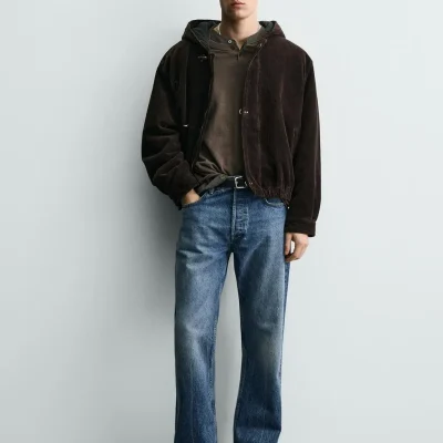 کاپشن کتان مخملی کلاه‌دار با زیپ مخفی و دکمه کلیپس zara